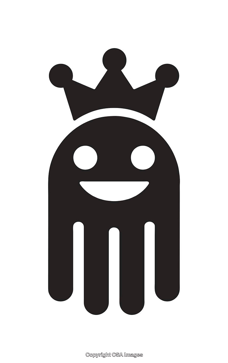 Crowned Smiling Octopus Icon in Black and White Minimalist Design