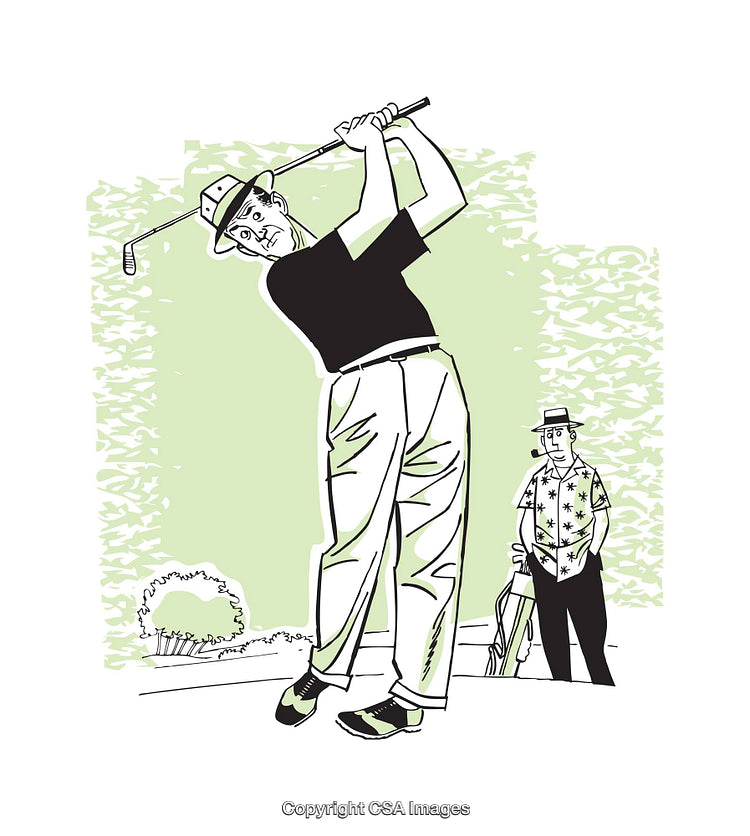 Vintage Illustrative Cartoon of a Golfer Swinging with a Caddy Nearby
