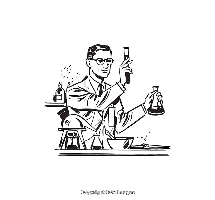 Scientist Conducting Experiments in Vintage Laboratory Black and White Line Art