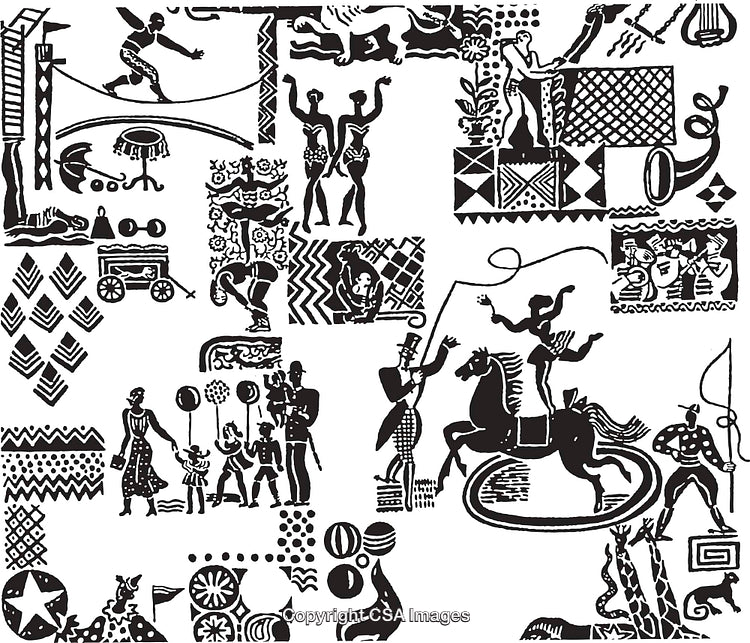 Black and White Circus Scenes Illustration with Performers and Patrons