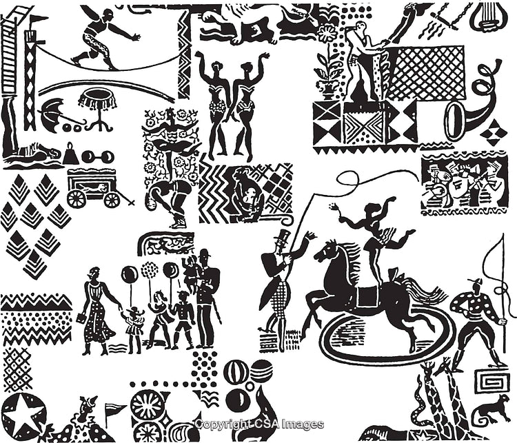 Black and White Circus Scenes Illustration with Performers and Patrons