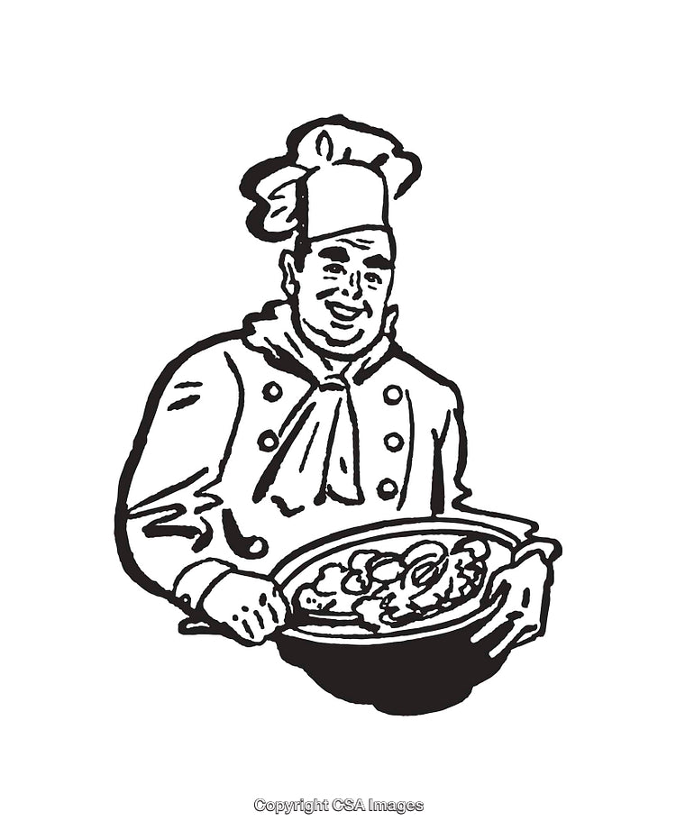 Black and White Line Art of a Chef Holding a Dish of Food