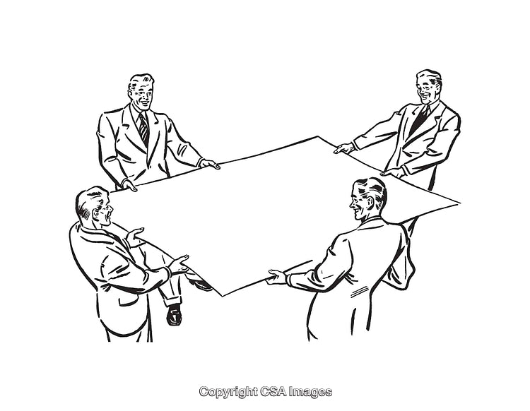 Black and White Illustration of Four People Holding a Large Sheet
