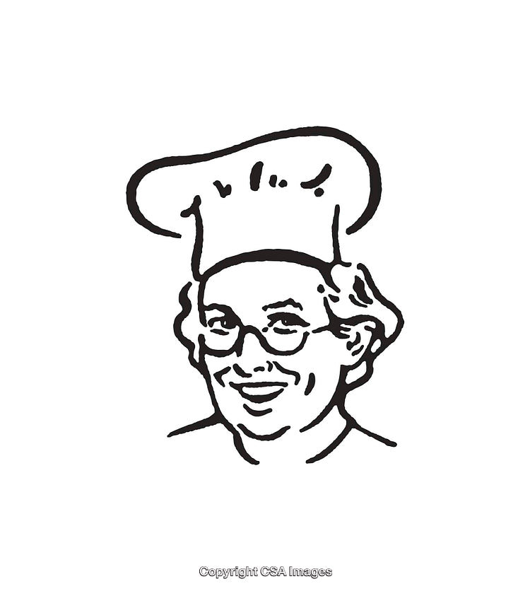 Black and White Line Illustration of a Smiling Chef Wearing a Hat