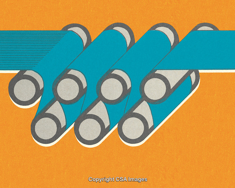 Abstract Geometric Illustration with Interwoven Conveyor Belts on Orange Background