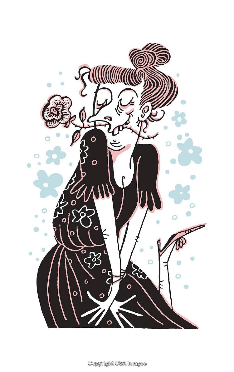 Quirky Cartoon Illustration of a Woman Holding a Flower and Smiling