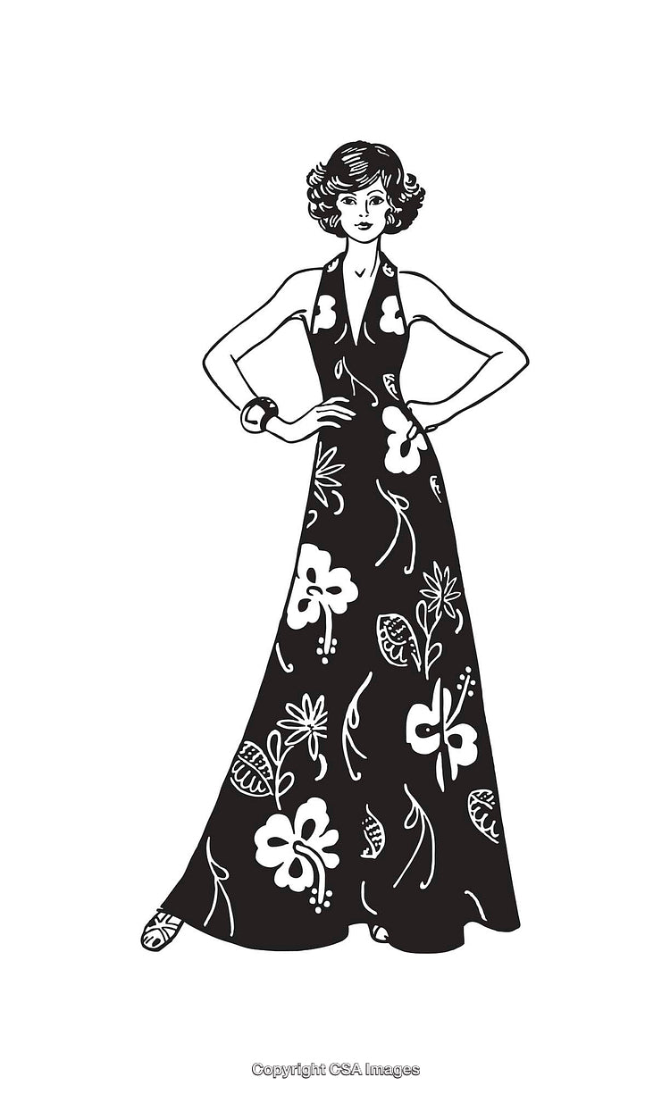 Elegant Illustration of Woman in Floral Patterned Dress in Black and White