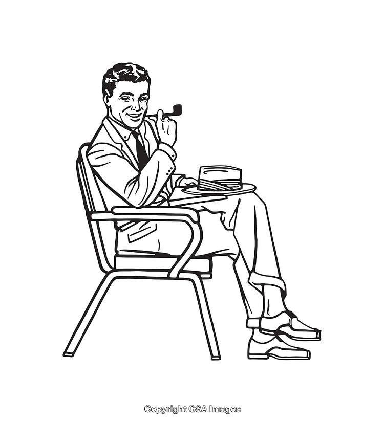 Black and White Line Art of a Man Seated with Pipe and Hat
