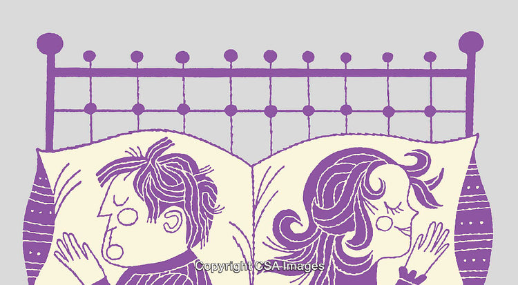 Illustration of a Couple Sleeping Back-to-Back in Bed, Purple Line Art