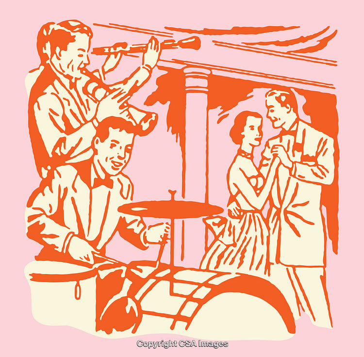 Retro Dance Scene with Live Musical Performance in Vibrant Line Art Style