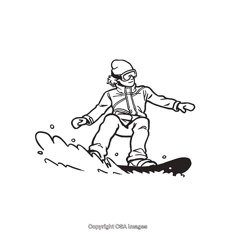 Black and White Line Art Illustration of Snowboarder in Action