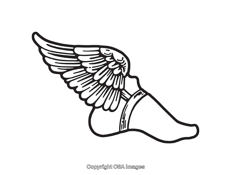 Black and White Line Art Illustration of a Winged Foot