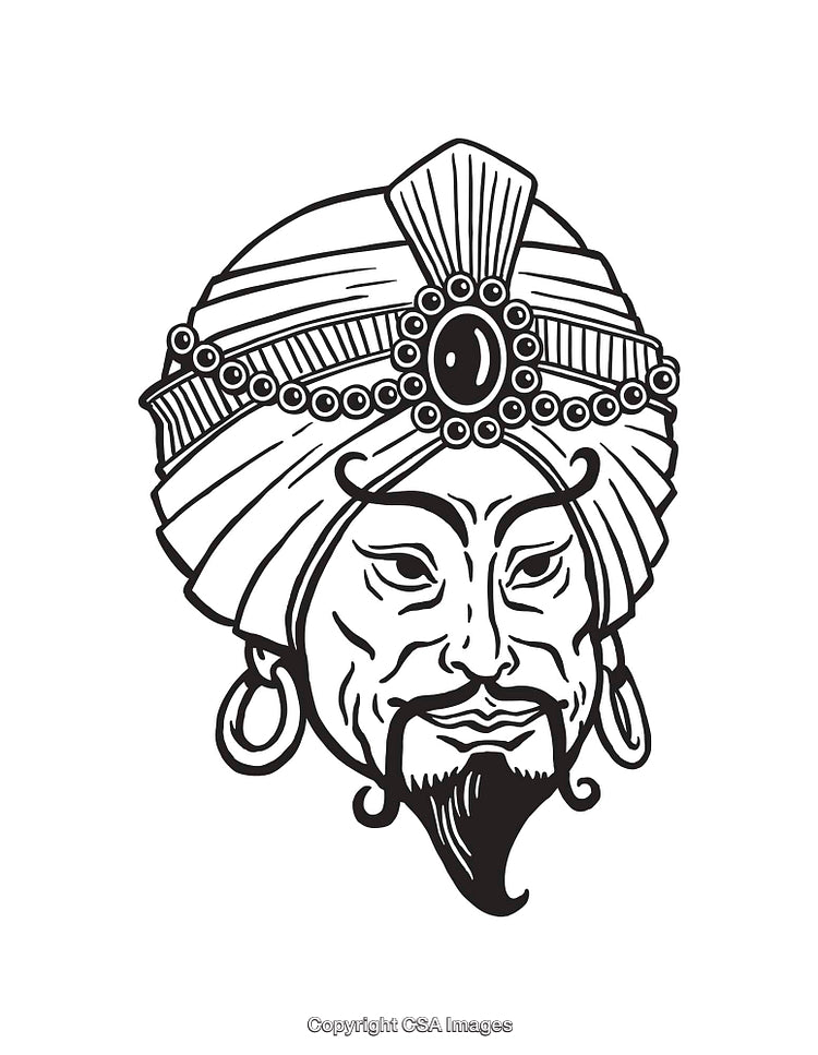 Black and White Illustration of a Turbaned Face with Bold Features