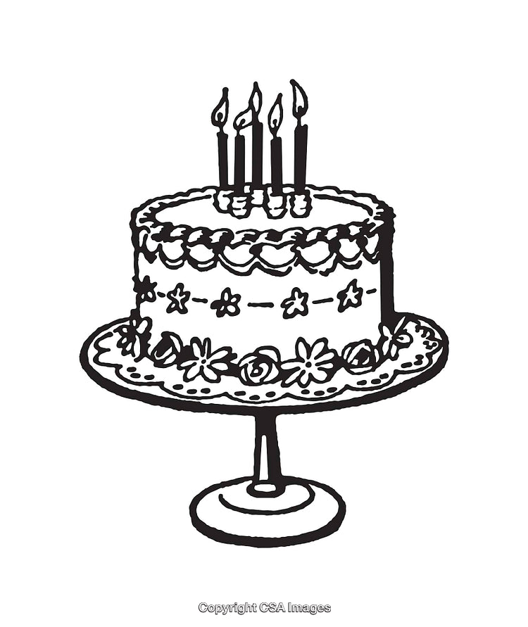 Ink-Style Black-And-White Illustration of a Decorated Birthday Cake