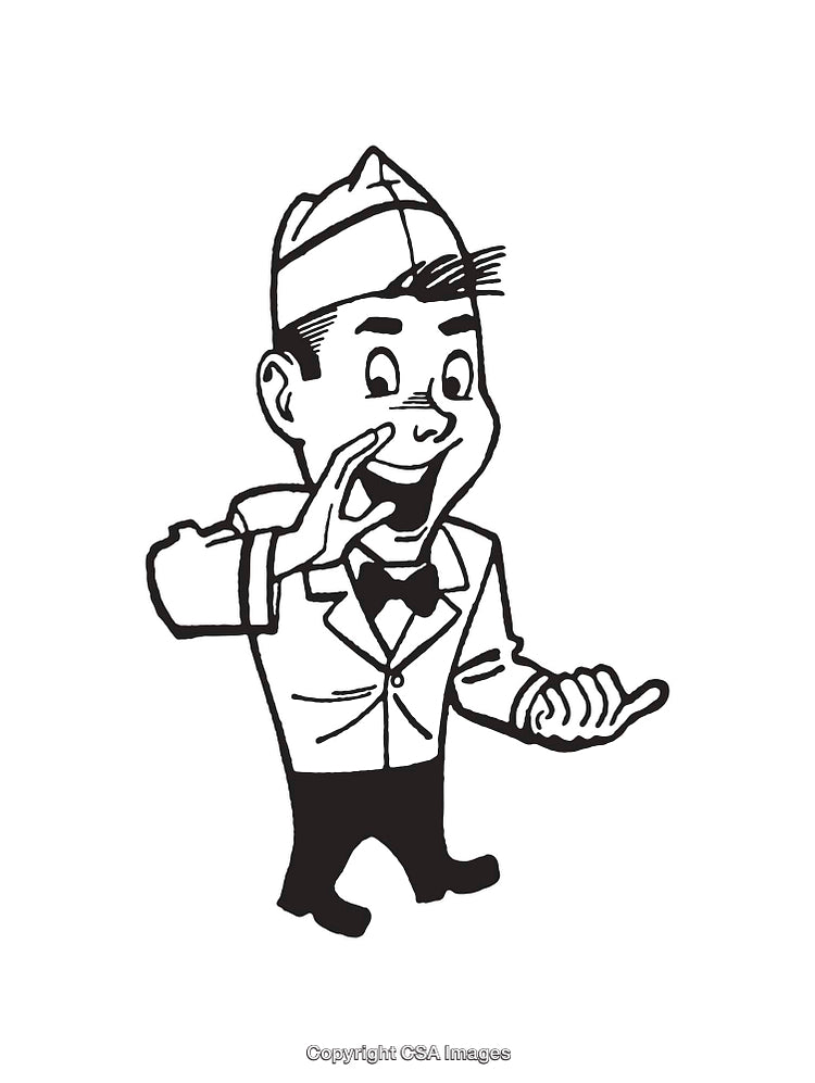 Black and White Cartoon Waiter Illustration in Vintage Style