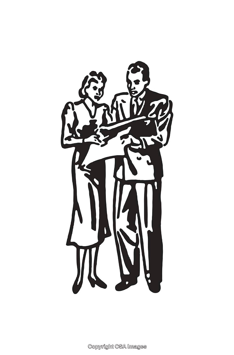 Black and White Line Art of Professionals Reviewing Documents Together