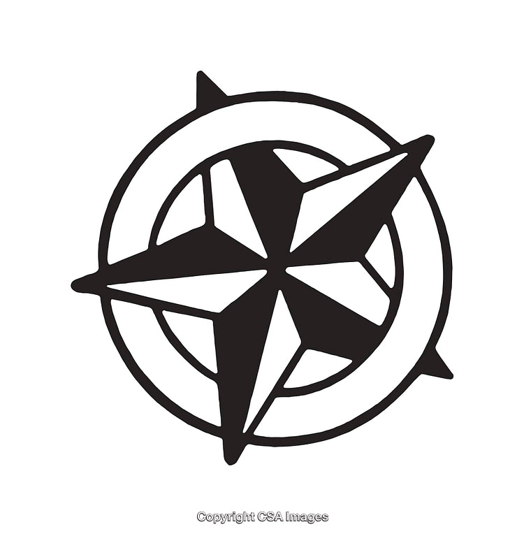 Black and White Compass Rose Illustration in Minimalist Line Art Style