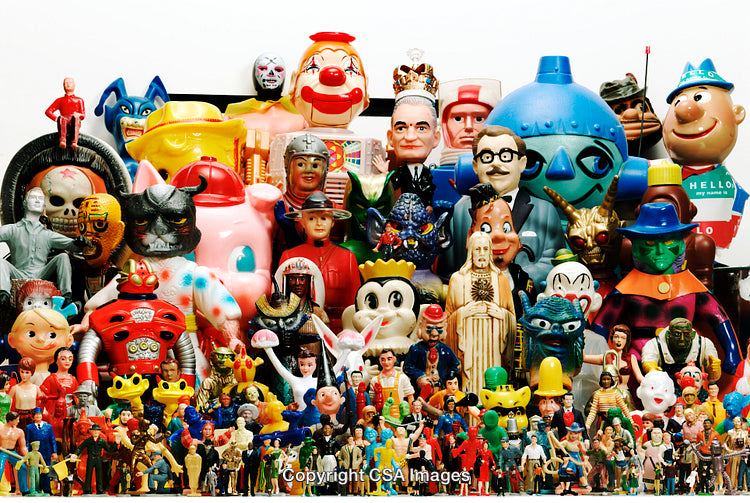 Colorful Collection of Retro Plastic Toys with Iconic Characters