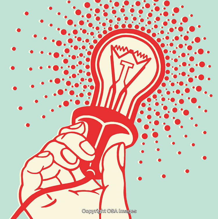 Hand Holding Bright Light Bulb with Radiating Dots in Red and Blue