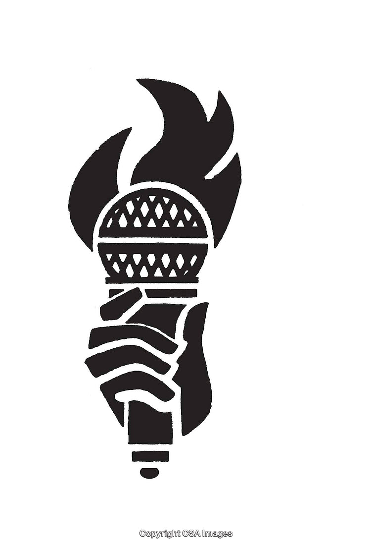 Black and White Line Art of Flaming Torch in a Hand