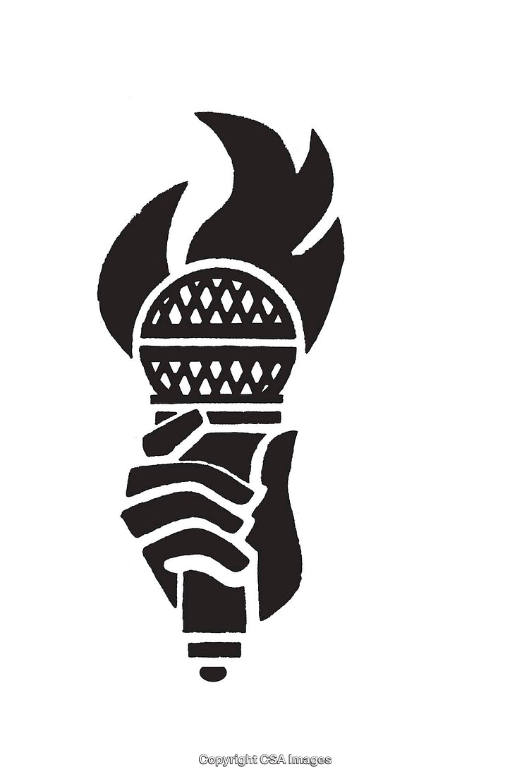 Black and White Line Art of Flaming Torch in a Hand