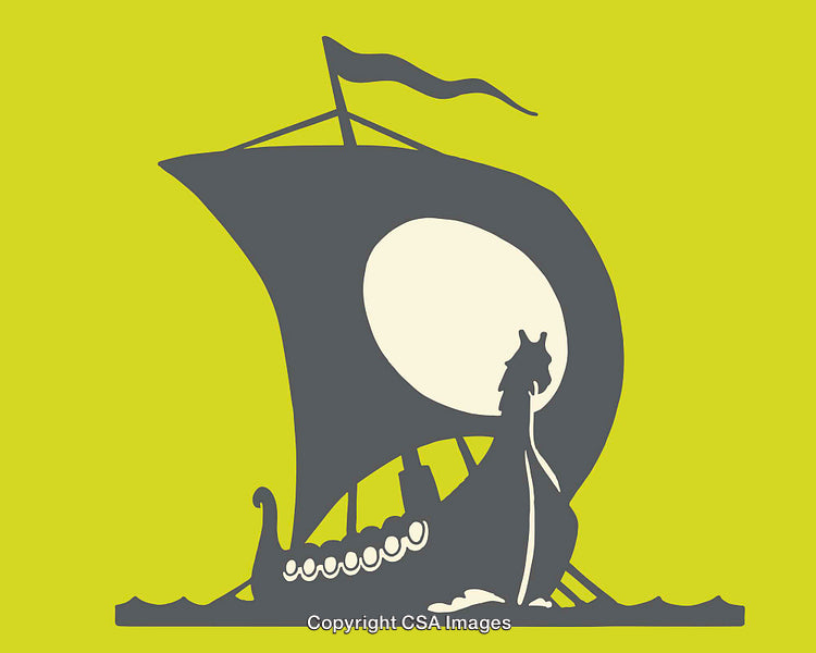 Silhouette of Viking Ship Sailing Against a Yellow Background