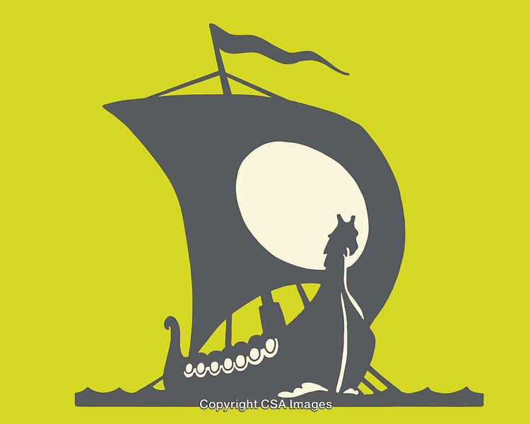 Silhouette of Viking Ship Sailing Against a Yellow Background