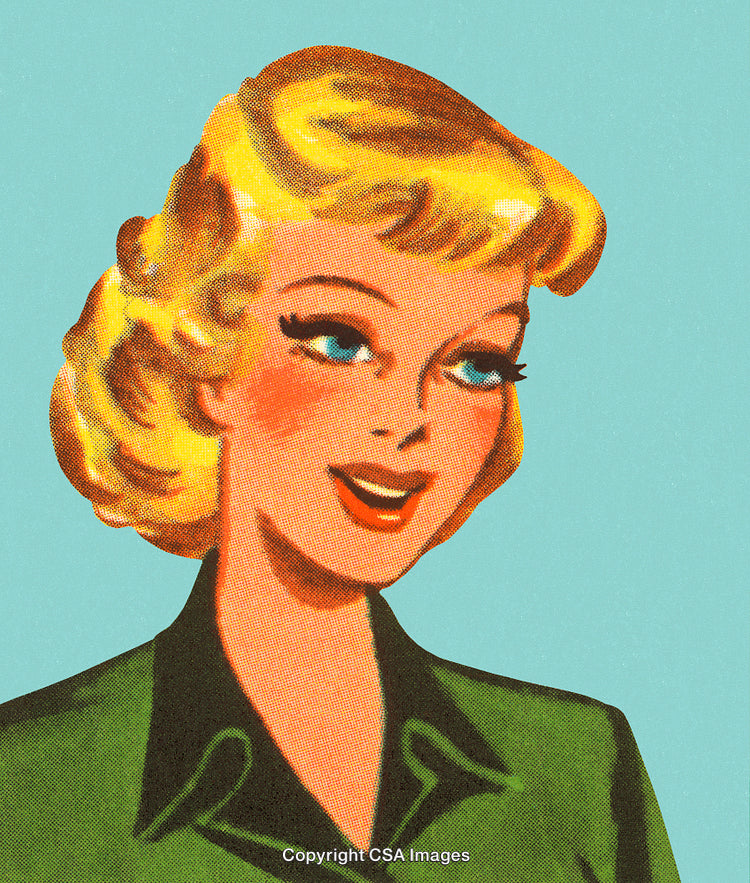 Smiling Retro-Style Woman Illustration on a Light Blue Background