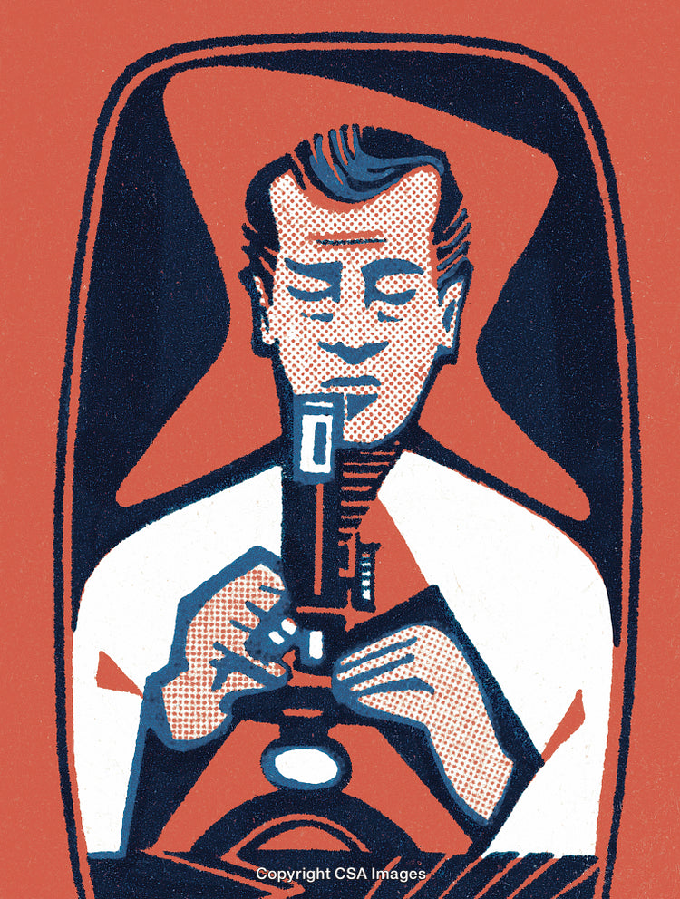 Scientist Working with Microscope in Retro-Style Illustration