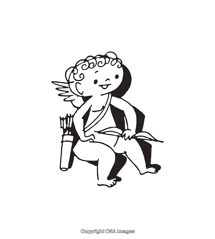 Black and White Line Art of a Cherubic Angel with Quiver and Arrow