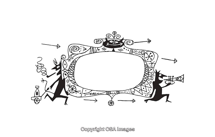 Whimsical Black and White Line Art Frame with Playful Figures