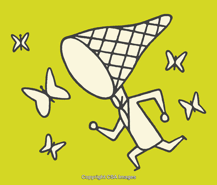 Whimsical Cartoon Character with Butterflies on Bright Green Background