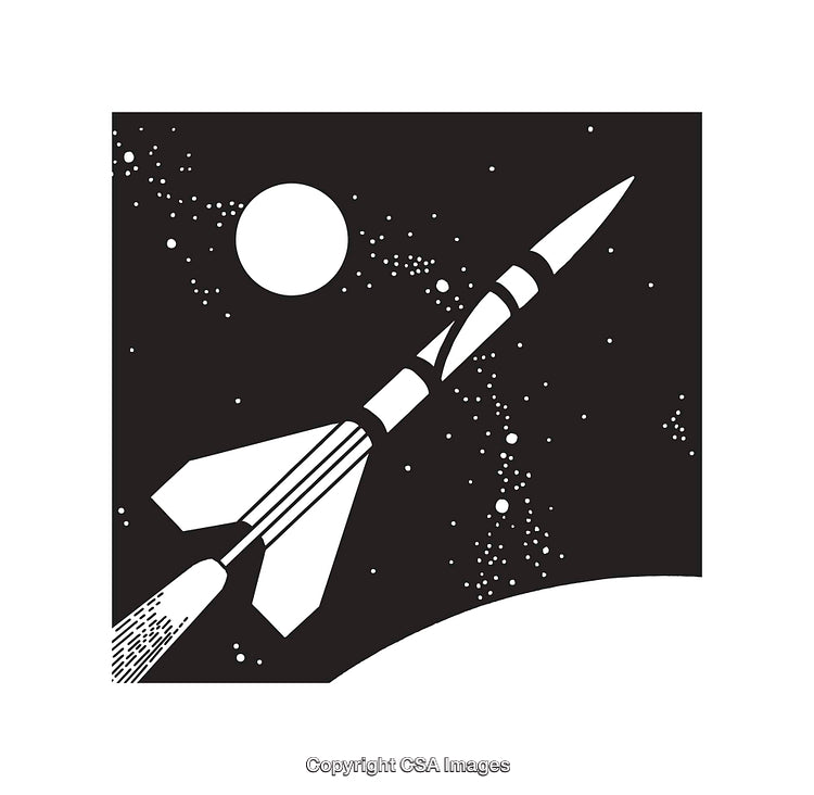 Black and White Rocket Spaceship Flying Through Outer Space Scene