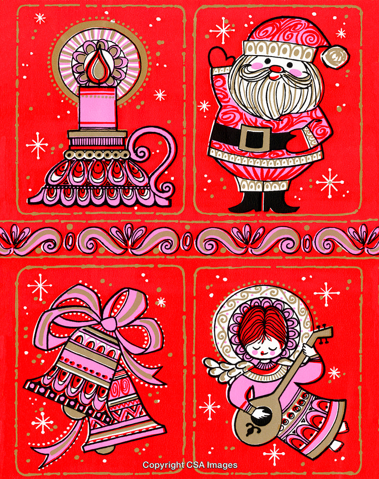 Festive Christmas Illustration Featuring Santa, Angel, Bells, and Candle Decoration