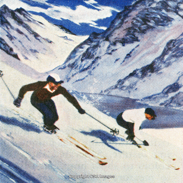 Skiers Descending Snowy Slopes Amidst a Majestic Winter Mountain Landscape