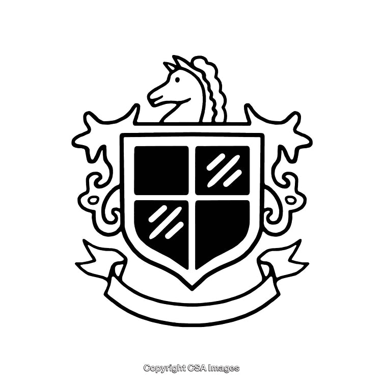 Black and White Heraldic Crest with Horse and Shield Design