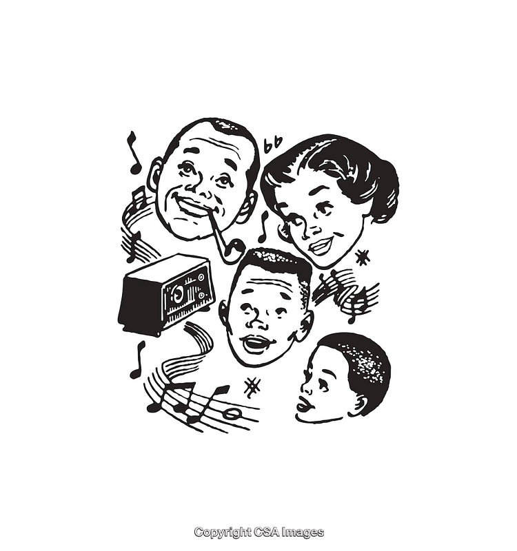 Vintage Black and White Illustration of Radio and People Singing