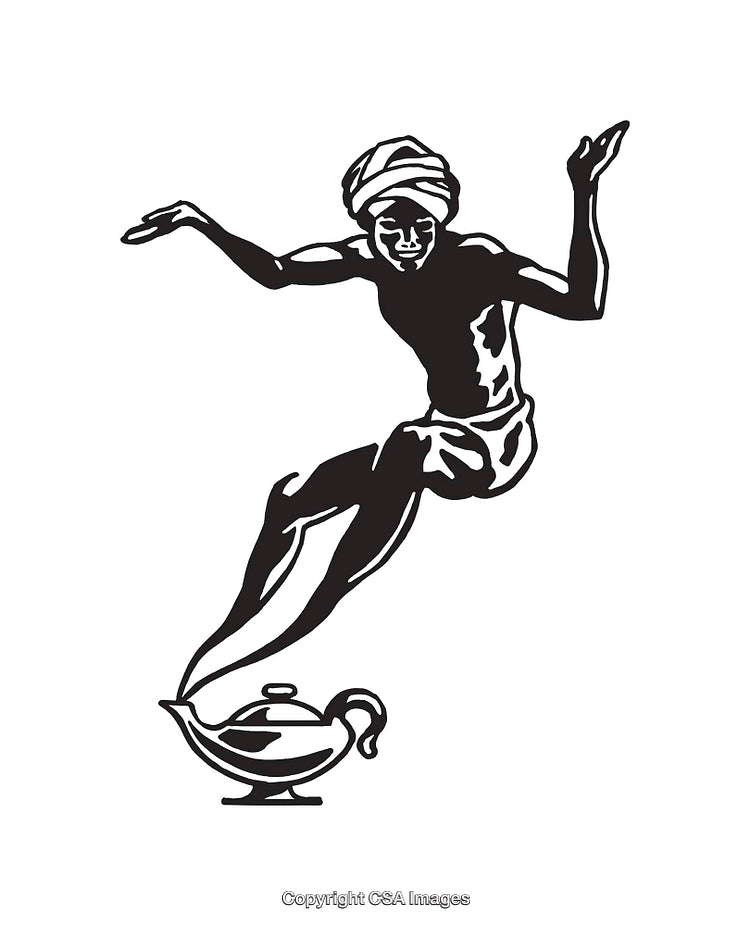 Black and White Line Art Illustration of a Genie Emerging from a Lamp