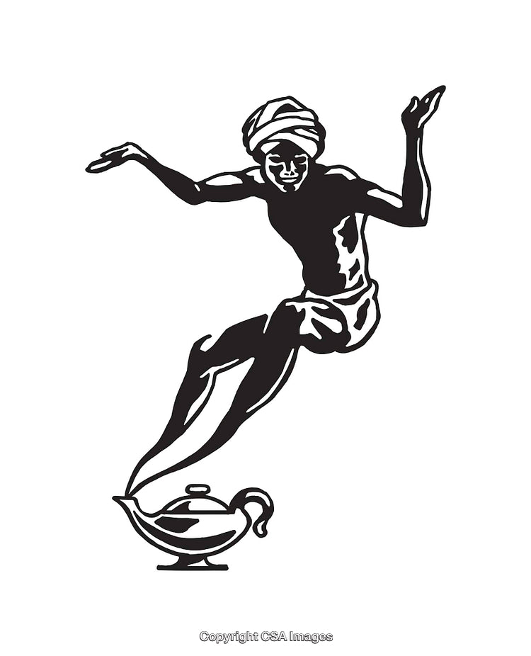 Black and White Line Art Illustration of a Genie Emerging from a Lamp