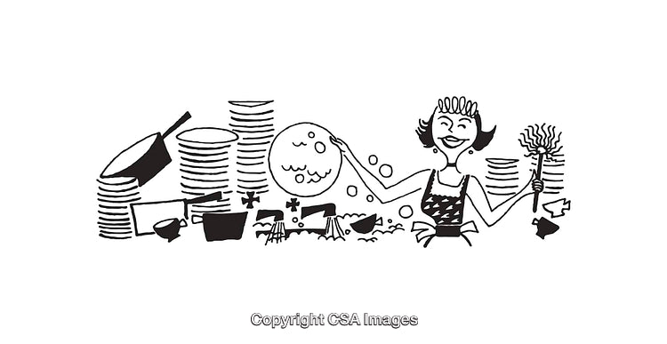 Retro Style Illustration of Woman Washing Dishes and Cleaning Kitchen Utensils