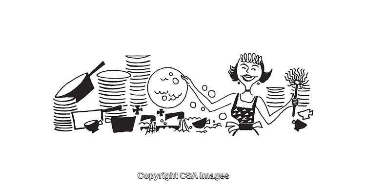Retro Style Illustration of Woman Washing Dishes and Cleaning Kitchen Utensils