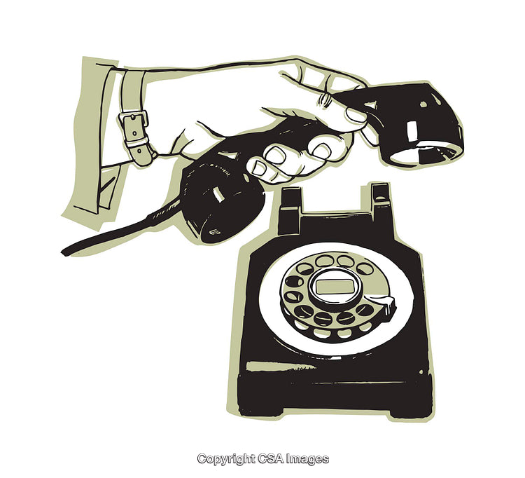 Vintage Artwork of a Rotary Telephone with Hand Picking Up Handset
