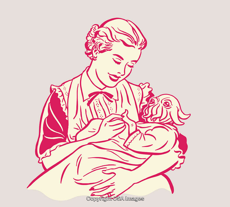 Illustration of a Mother Holding a Baby in Vintage Line Art Style