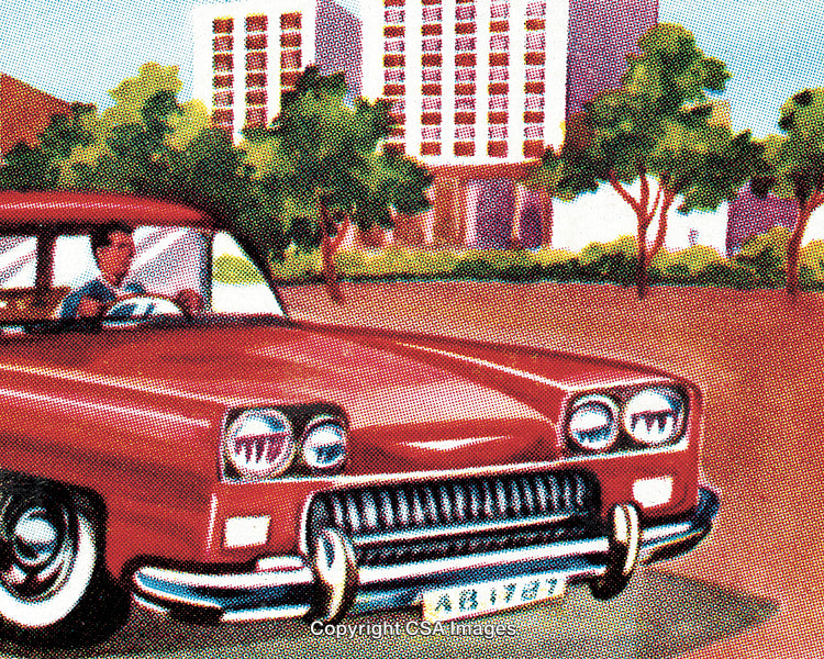 Retro Illustration of a Red Car Driving in a Modern City Environment