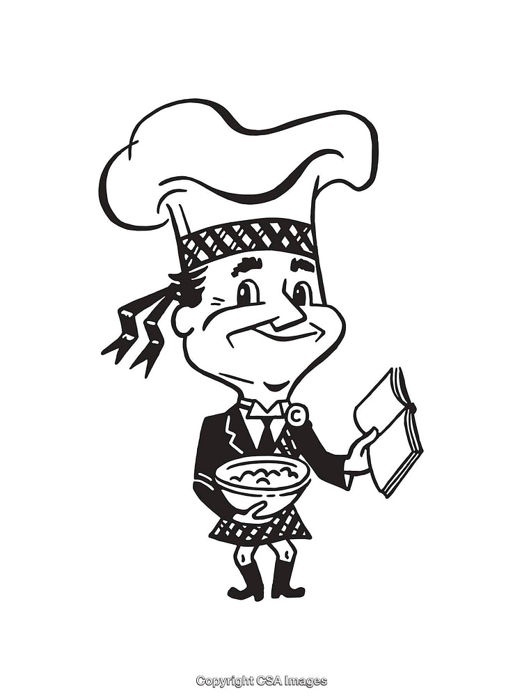 Black And White Cartoon Chef Illustration Holding Bowl And Cookbook