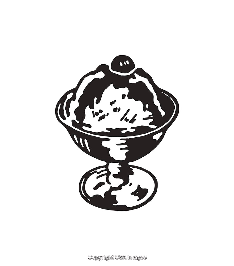 Black and White Line Drawing of Sundae in Dessert Glass Bowl