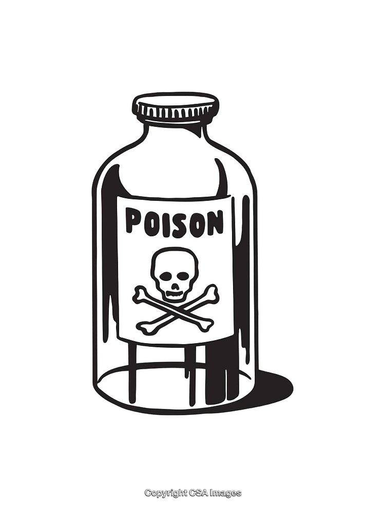 Black and White Line Drawing of a Poison Bottle with a Skull Label