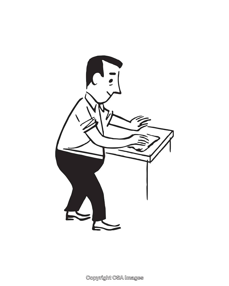 Black And White Drawing of a Man Working at a Desk