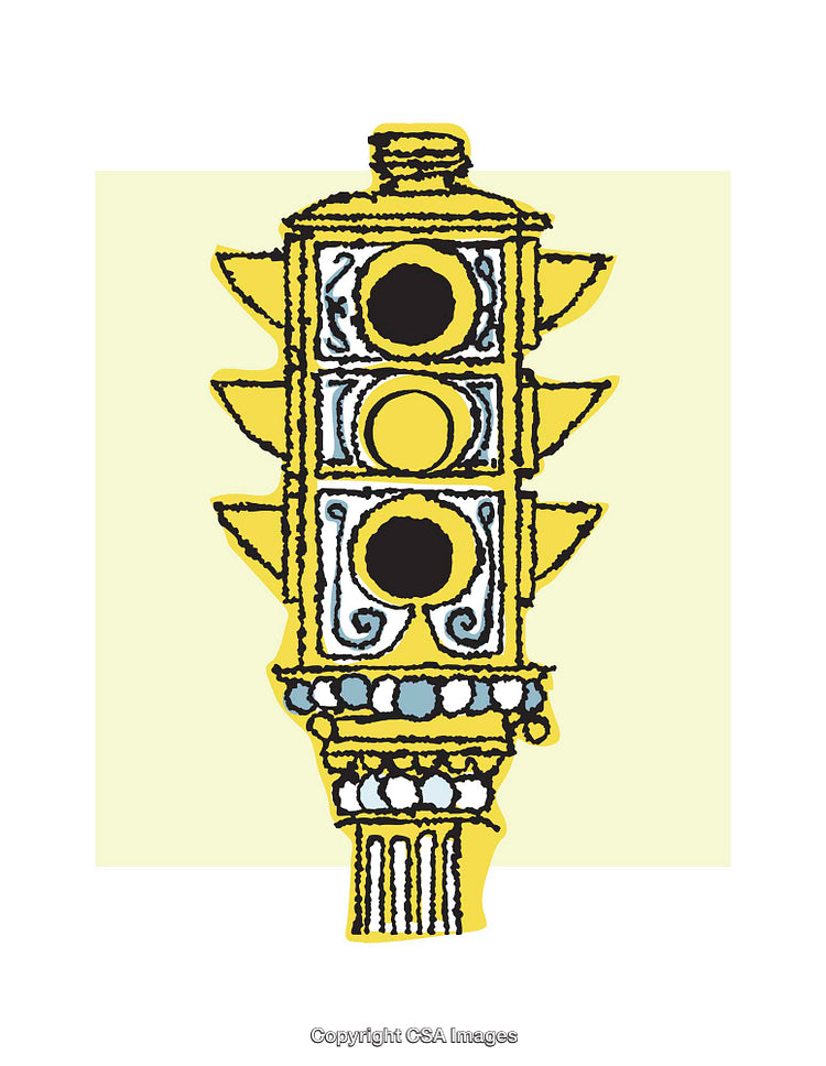 Whimsical Yellow Traffic Light With Ornate Artistic Design and Bold Shapes