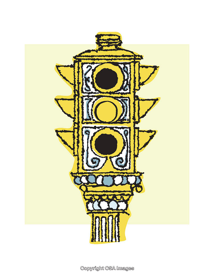 Whimsical Yellow Traffic Light With Ornate Artistic Design and Bold Shapes